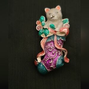 Vintage Christopher Radko Enamel Cat Christmas Stocking Brooch